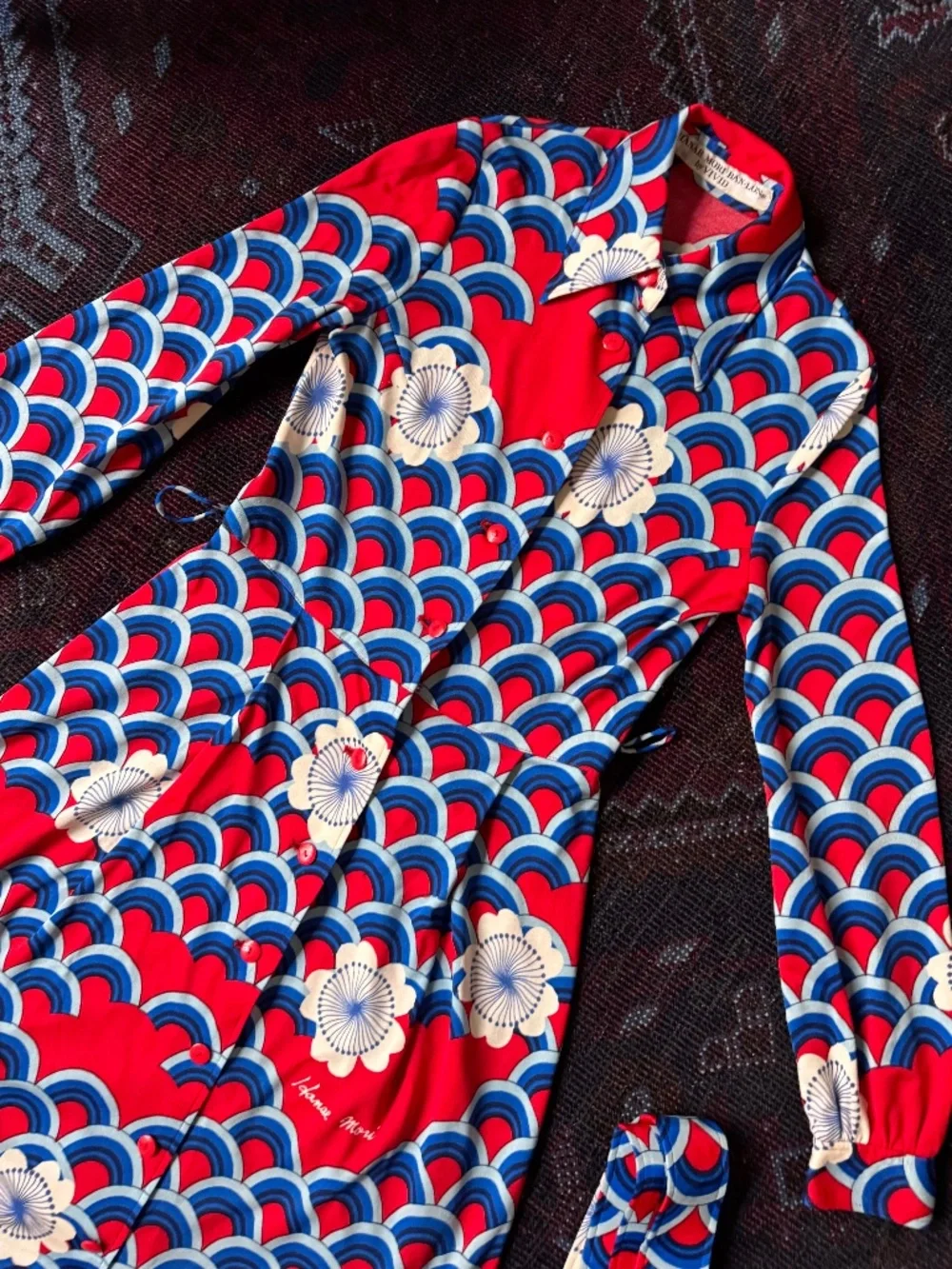 RARE Vintage Hanae Mori Midi Shirt Dress | Seigaiha Wave & Floral | Sz 2 Xs S - Picture 10 of 10